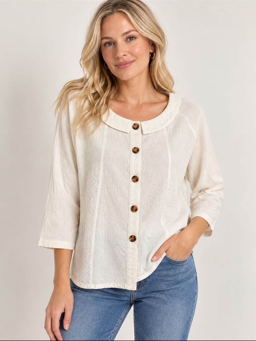 MISSLOOK Ivory Textured Cotton Blend Blouse M 7/8 Sleeve Button Front 3XL